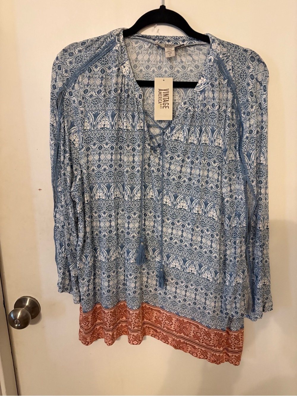 Vintage America Blue & Rust Border Printed Tunic Blouse
